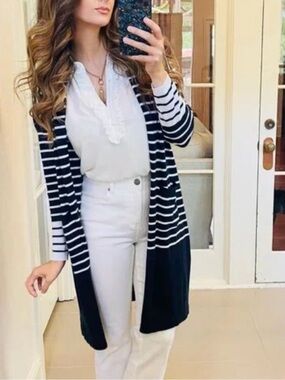 NWT CAbi Women's Navy and White Striped Boathouse Cardigan